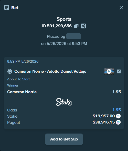 Bet slip: Cameron Norrie - Adolfo Daniel Vallejo, $17,228.91 stake at 1.95 odds, placed by Othmane2kiks