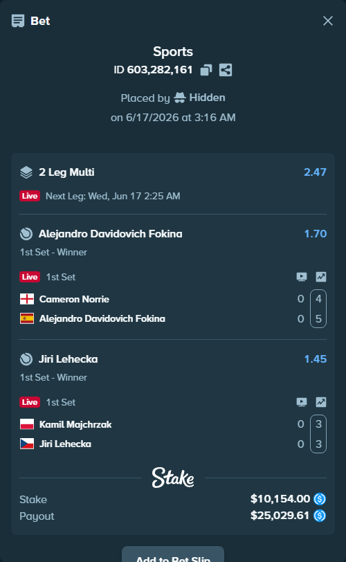 Bet slip: Cameron Norrie - Alejandro Davidovich Fokina, $10,154.00 stake at 1.70 odds, placed by Hidden