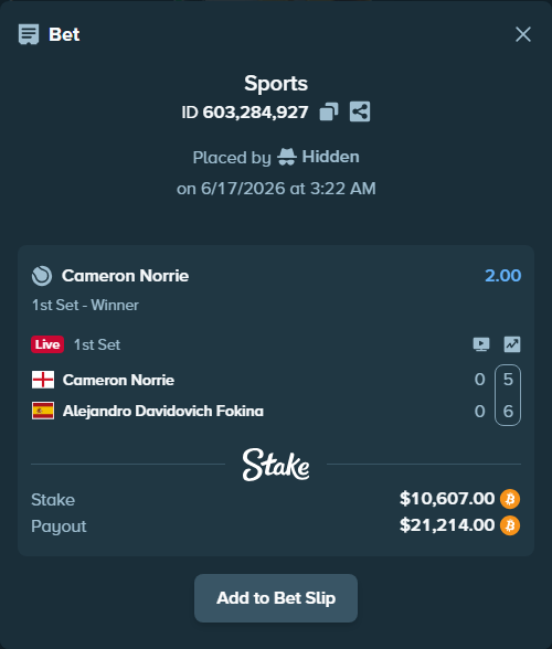 Bet slip: Cameron Norrie - Alejandro Davidovich Fokina, $10,391.64 stake at 2.00 odds, placed by Hidden