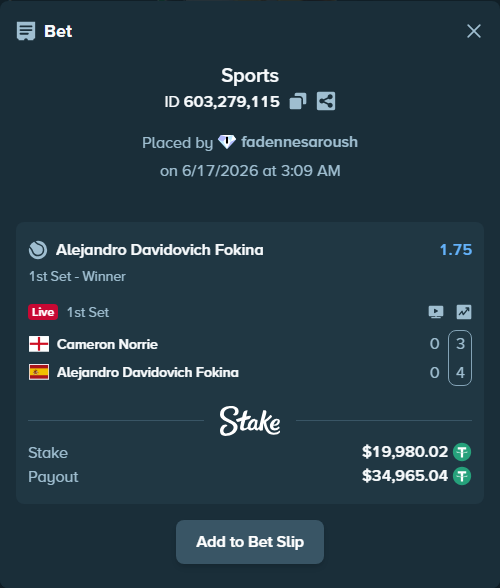 Bet slip: Cameron Norrie - Alejandro Davidovich Fokina, $20,000.00 stake at 1.75 odds, placed by fadennesaroush