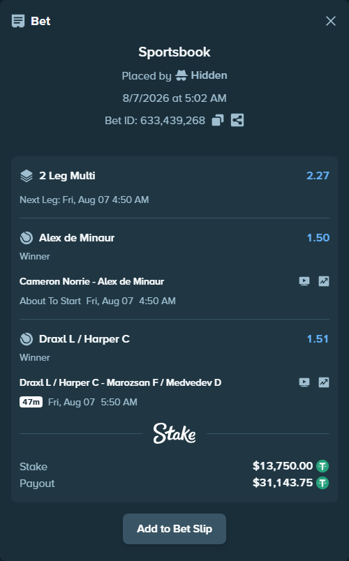 Bet slip: Cameron Norrie - Alex de Minaur, $13,763.75 stake at 1.50 odds, placed by Hidden