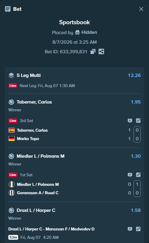 Bet slip: Cameron Norrie - Alex de Minaur, $15,025.01 stake at 1.53 odds, placed by Hidden