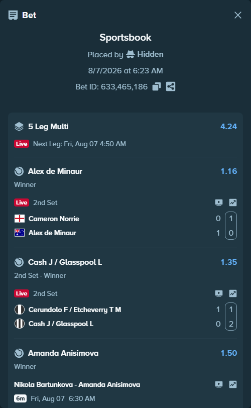 Bet slip: Cameron Norrie - Alex de Minaur, $188,000.00 stake at 1.16 odds, placed by Hidden
