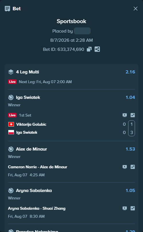 Bet slip: Cameron Norrie - Alex de Minaur, $37,787.01 stake at 1.53 odds, placed by Prettylfacko98