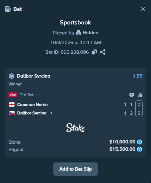 Bet slip: Cameron Norrie - Dalibor Svrcina, $10,000.00 stake at 1.55 odds, placed by Hidden