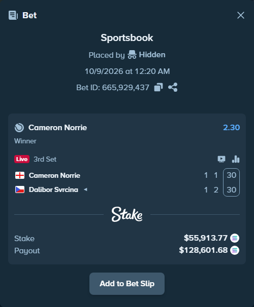 Bet slip: Cameron Norrie - Dalibor Svrcina, $55,589.33 stake at 2.30 odds, placed by Prettylfacko98