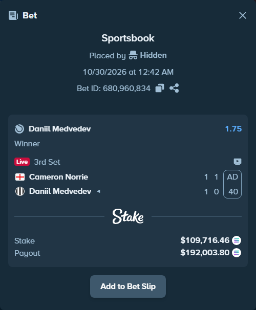 Bet slip: Cameron Norrie - Daniil Medvedev, $111,543.08 stake at 1.75 odds, placed by Prettylfacko98