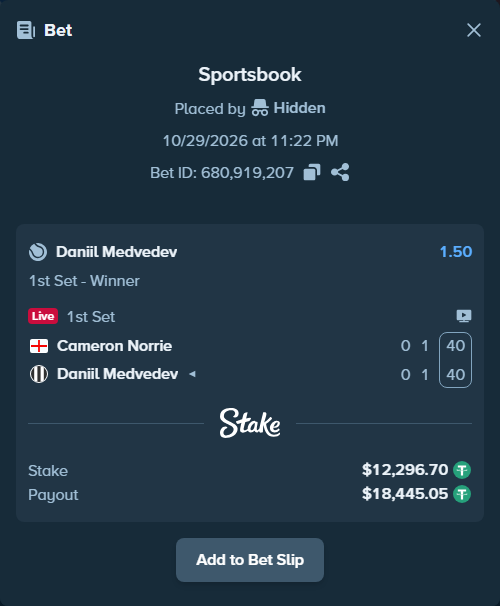 Bet slip: Cameron Norrie - Daniil Medvedev, $12,309.00 stake at 1.50 odds, placed by Hidden