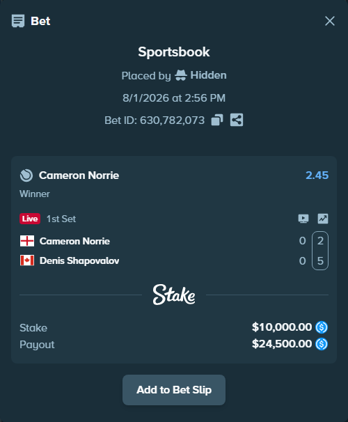 Bet slip: Cameron Norrie - Denis Shapovalov, $10,000.00 stake at 2.45 odds, placed by Hidden