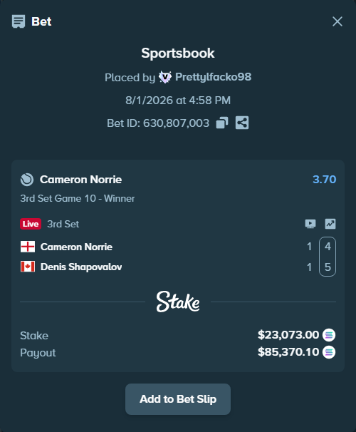 Bet slip: Cameron Norrie - Denis Shapovalov, $22,970.99 stake at 3.70 odds, placed by Prettylfacko98