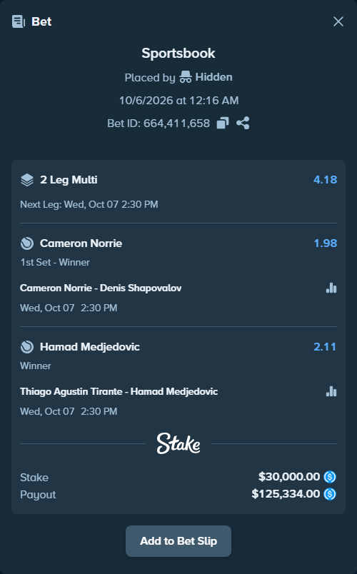 Bet slip: Cameron Norrie - Denis Shapovalov, $30,000.00 stake at 1.98 odds, placed by Hidden