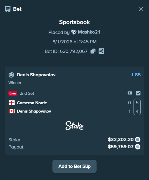 Bet slip: Cameron Norrie - Denis Shapovalov, $32,229.81 stake at 1.85 odds, placed by Mashko21