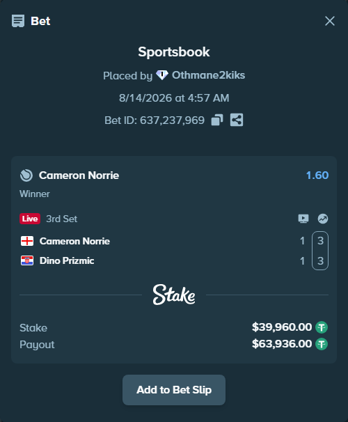 Bet slip: Cameron Norrie - Dino Prizmic, $39,999.96 stake at 1.60 odds, placed by Othmane2kiks