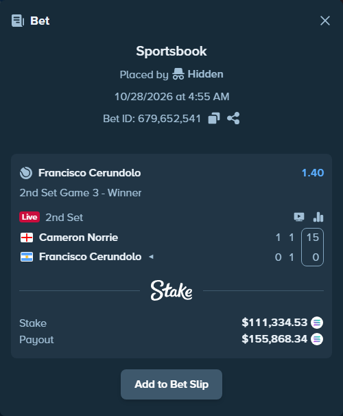 Bet slip: Cameron Norrie - Francisco Cerundolo, $111,739.27 stake at 1.40 odds, placed by Prettylfacko98