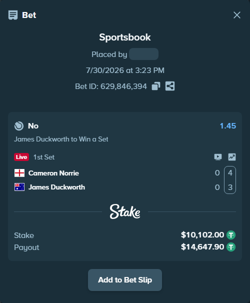 Bet slip: Cameron Norrie - James Duckworth, $10,112.10 stake at 1.45 odds, placed by dc913