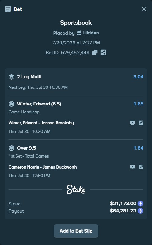 Bet slip: Cameron Norrie - James Duckworth, $20,966.48 stake at 1.84 odds, placed by Hidden