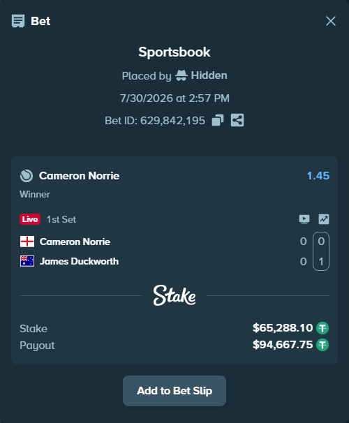 Bet slip: Cameron Norrie - James Duckworth, $65,353.39 stake at 1.45 odds, placed by Hidden