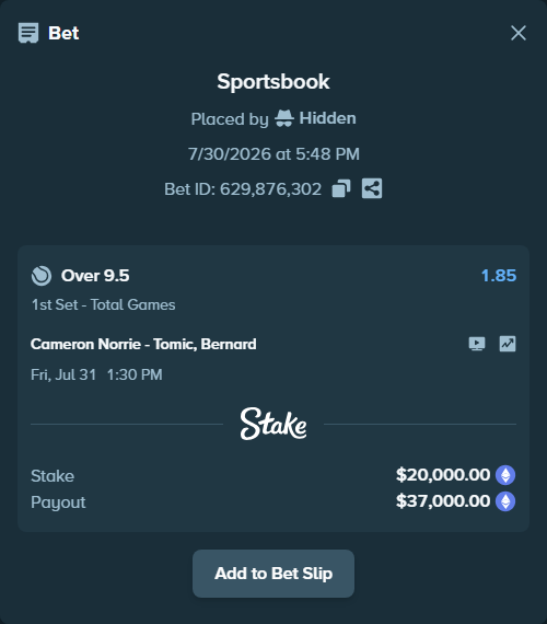 Bet slip: Cameron Norrie - Tomic, Bernard, $19,995.17 stake at 1.85 odds, placed by Hidden