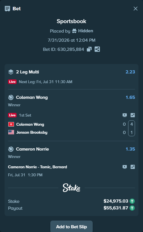 Bet slip: Cameron Norrie - Tomic, Bernard, $25,000.00 stake at 1.35 odds, placed by Hidden