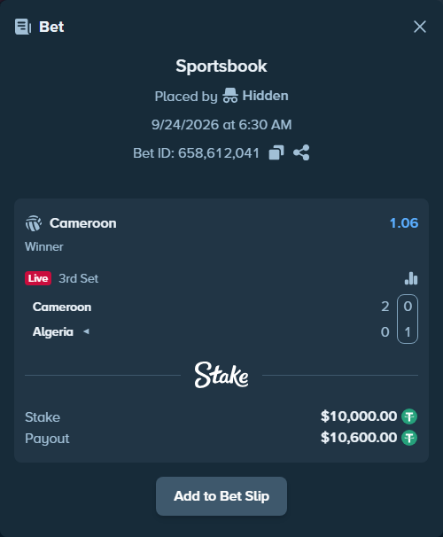Bet slip: Cameroon - Algeria, $10,000.00 stake at 1.06 odds, placed by Hidden
