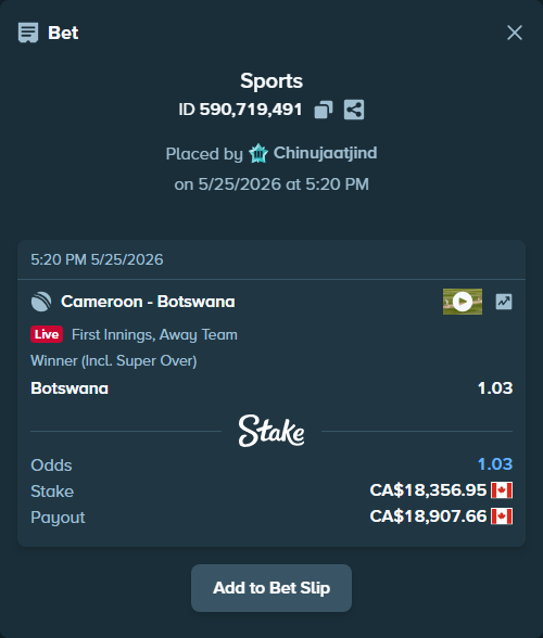 Bet slip: Cameroon - Botswana, $13,584.14 stake at 1.03 odds, placed by Chinujaatjind