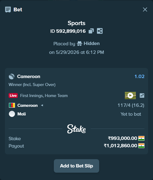 Bet slip: Cameroon - Mali, $11,916.00 stake at 1.02 odds, placed by Hidden