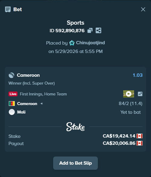 Bet slip: Cameroon - Mali, $14,373.86 stake at 1.03 odds, placed by Chinujaatjind
