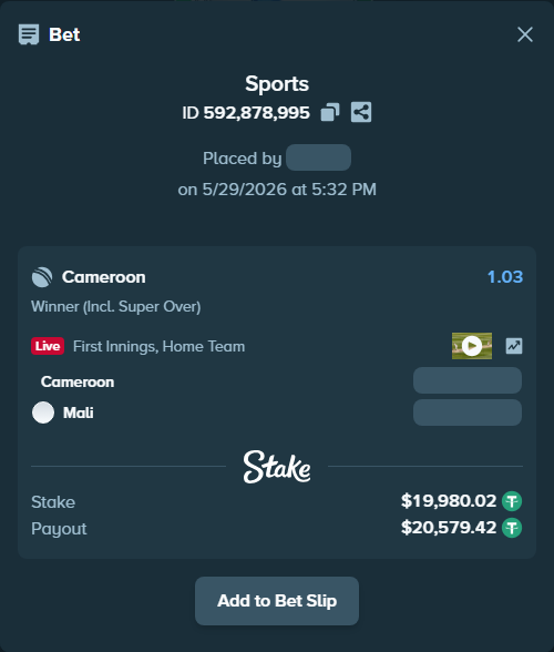 Bet slip: Cameroon - Mali, $20,000.00 stake at 1.03 odds, placed by mridul365365