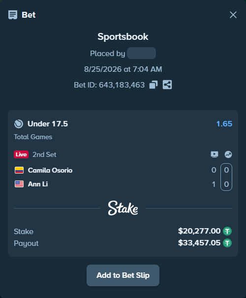 Bet slip: Camila Osorio - Ann Li, $20,277.00 stake at 1.65 odds, placed by privetmedvet15