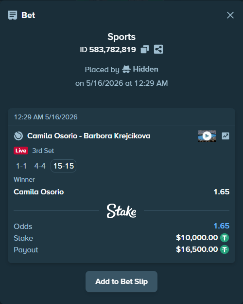 Bet slip: Camila Osorio - Barbora Krejcikova, $10,010.00 stake at 1.65 odds, placed by Hidden