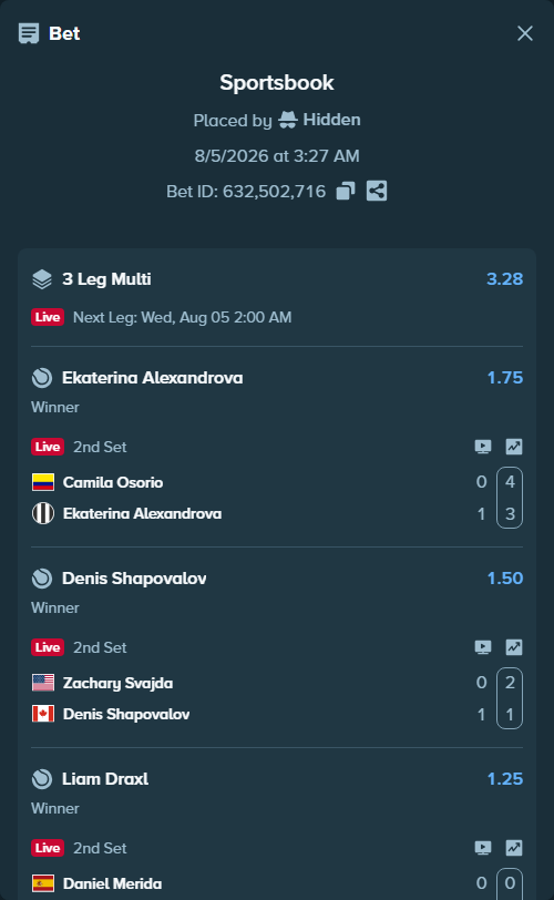 Bet slip: Camila Osorio - Ekaterina Alexandrova, $10,000.00 stake at 1.75 odds, placed by Hidden