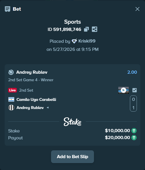 Bet slip: Camilo Ugo Carabelli - Andrey Rublev, $10,010.00 stake at 2.00 odds, placed by Kriski99