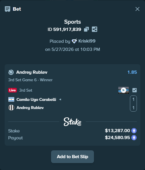 Bet slip: Camilo Ugo Carabelli - Andrey Rublev, $11,067.99 stake at 1.85 odds, placed by Kriski99