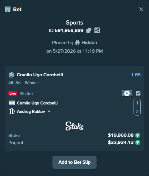 Bet slip: Camilo Ugo Carabelli - Andrey Rublev, $20,000.00 stake at 1.65 odds, placed by Hidden