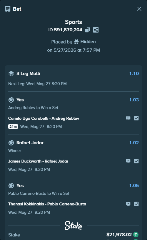 Bet slip: Camilo Ugo Carabelli - Andrey Rublev, $22,000.00 stake at 1.03 odds, placed by Hidden