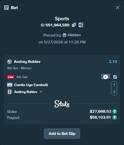 Bet slip: Camilo Ugo Carabelli - Andrey Rublev, $27,723.87 stake at 2.10 odds, placed by Hidden