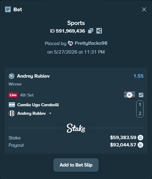 Bet slip: Camilo Ugo Carabelli - Andrey Rublev, $52,355.79 stake at 1.55 odds, placed by Prettylfacko98
