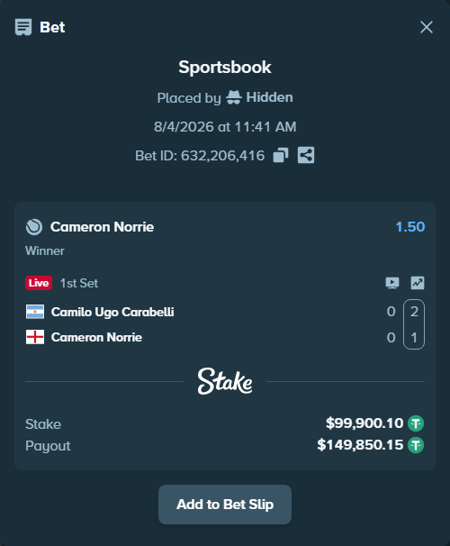 Bet slip: Camilo Ugo Carabelli - Cameron Norrie, $100,000.00 stake at 1.50 odds, placed by Hidden