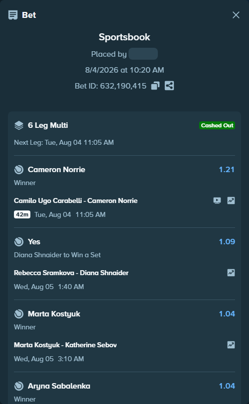 Bet slip: Camilo Ugo Carabelli - Cameron Norrie, $20,293.21 stake at 1.21 odds, placed by Jupavelli