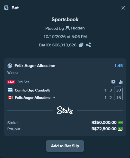 Bet slip: Camilo Ugo Carabelli - Felix Auger-Aliassime, $10,000.00 stake at 1.45 odds, placed by Hidden