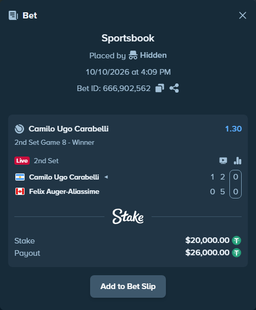 Bet slip: Camilo Ugo Carabelli - Felix Auger-Aliassime, $20,020.00 stake at 1.30 odds, placed by Hidden