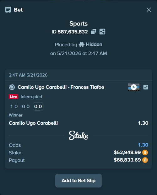 Bet slip: Camilo Ugo Carabelli - Frances Tiafoe, $44,076.34 stake at 1.30 odds, placed by Hidden