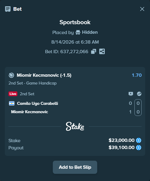 Bet slip: Camilo Ugo Carabelli - Miomir Kecmanovic, $23,000.00 stake at 1.70 odds, placed by Hidden