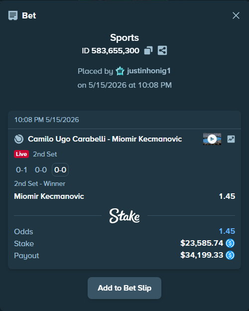 Bet slip: Camilo Ugo Carabelli - Miomir Kecmanovic, $23,585.74 stake at 1.45 odds, placed by justinhonig1