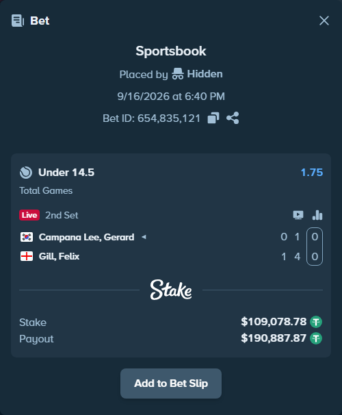 Bet slip: Campana Lee, Gerard - Gill, Felix, $109,078.78 stake at 1.75 odds, placed by Hidden