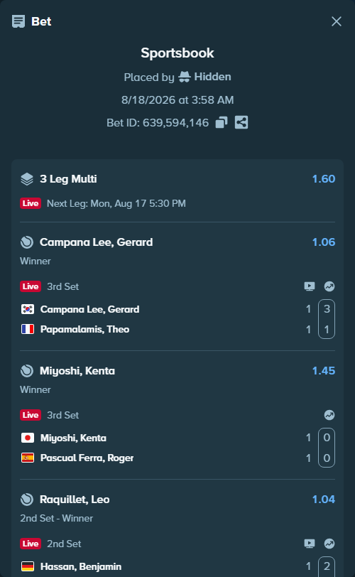 Bet slip: Campana Lee, Gerard - Papamalamis, Theo, $11,766.62 stake at 1.06 odds, placed by Hidden