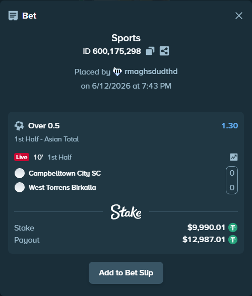 Bet slip: Campbelltown City SC - West Torrens Birkalla, $10,000.00 stake at 1.30 odds, placed by rmaghsdudthd