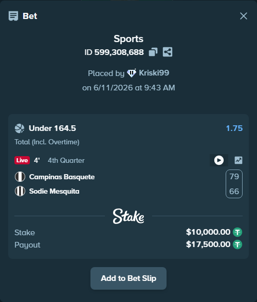 Bet slip: Campinas Basquete - Sodie Mesquita, $10,010.00 stake at 1.75 odds, placed by Kriski99