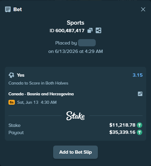 Bet slip: Canada - Bosnia and Herzegovina, $11,230.00 stake at 3.15 odds, placed by Kaidou827