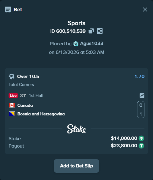 Bet slip: Canada - Bosnia and Herzegovina, $14,000.00 stake at 1.70 odds, placed by Agus1033